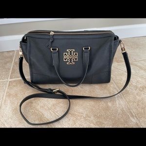 Tory burch Britten satchel black pebble leather logo tb crossbody strap